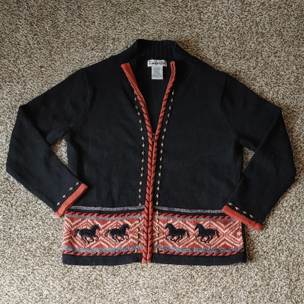 Vintage Horse Cardigan Timberlea Western Black Sweater Women's Size M